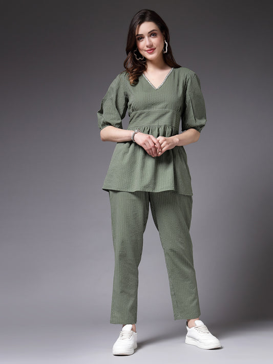 Stylum Women's Self Woven Kantha Cotton Co-Ord Set (GREENKATHACORD)