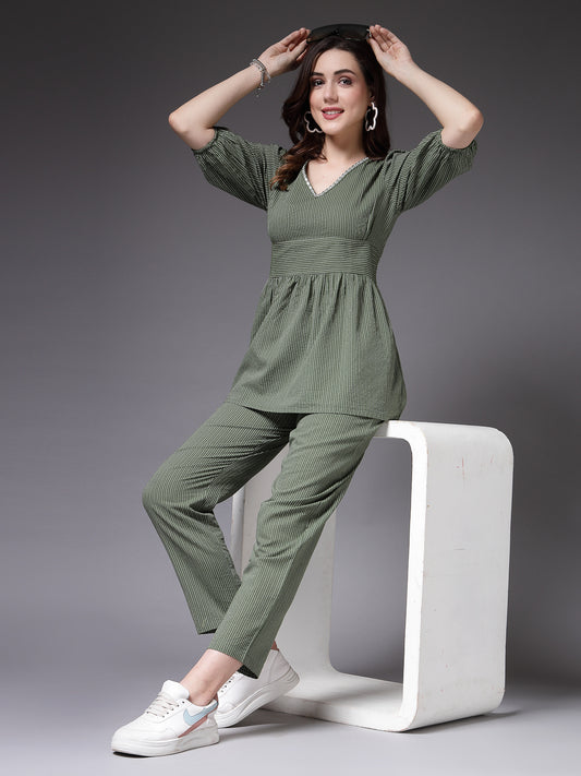 Stylum Women's Self Woven Kantha Cotton Co-Ord Set (GREENKATHACORD)