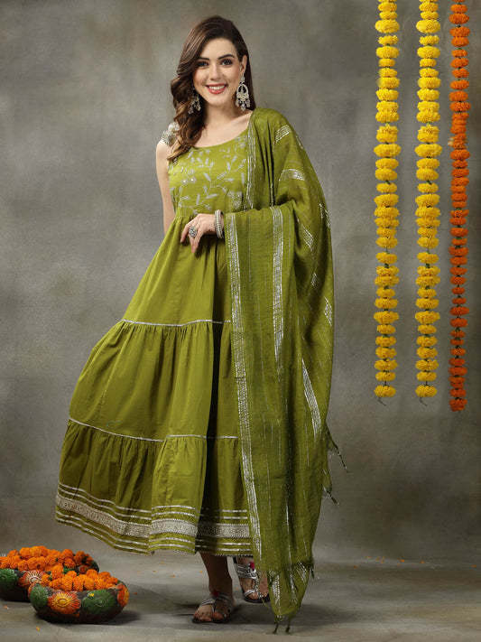 Stylum Women's Embroidered Cotton Tiered Kurta with Dupatta (GREENZINGLE)