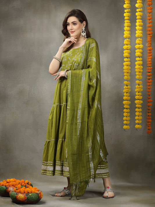 Stylum Women's Embroidered Cotton Tiered Kurta with Dupatta (GREENZINGLE)