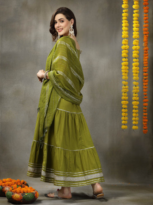 Stylum Women's Embroidered Cotton Tiered Kurta with Dupatta (GREENZINGLE)