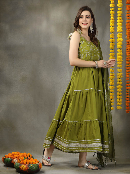 Stylum Women's Embroidered Cotton Tiered Kurta with Dupatta (GREENZINGLE)