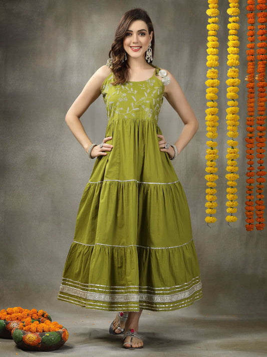 Stylum Women's Embroidered Cotton Tiered Kurta with Dupatta (GREENZINGLE)