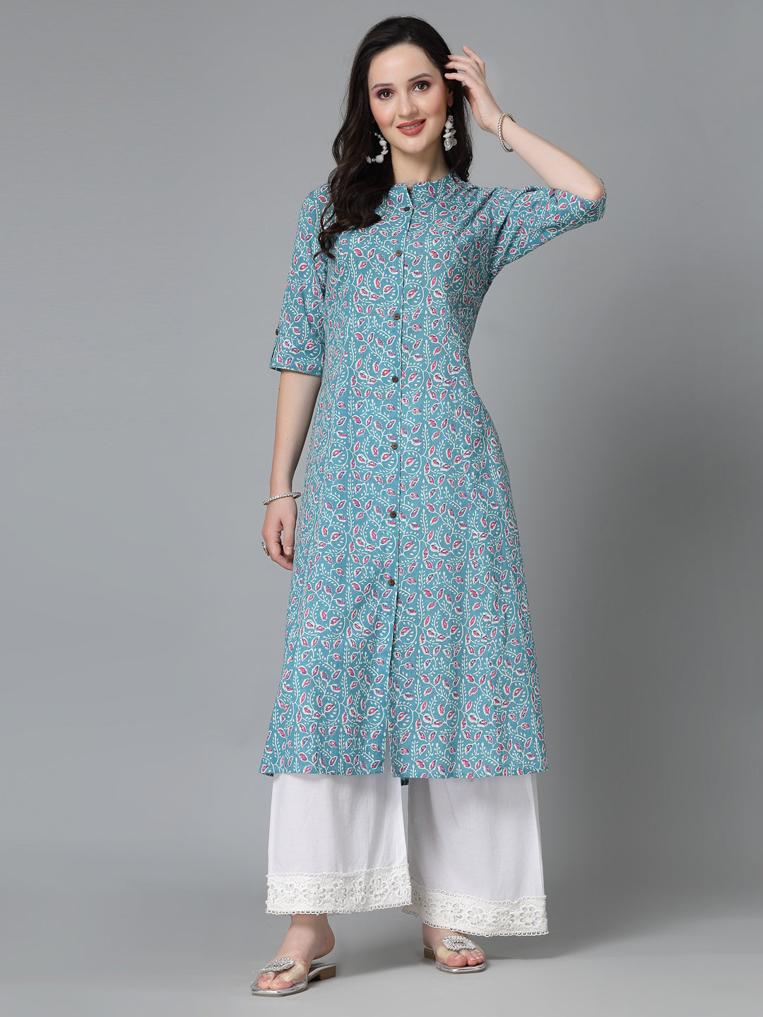 Stylum Women's Floral Printed Cotton A-Line Kurta (GUMBADTURQ)