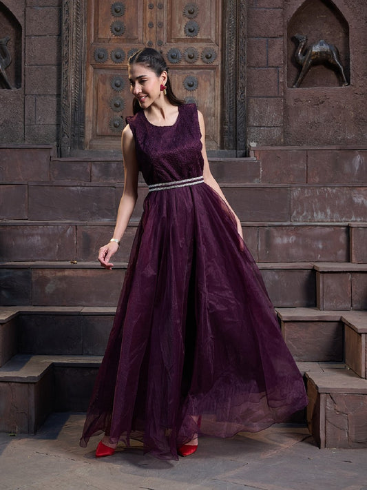 Stylum Women's Wine Solid & Embroidered Party Wear Satin Gown (GWWINENAYRA)