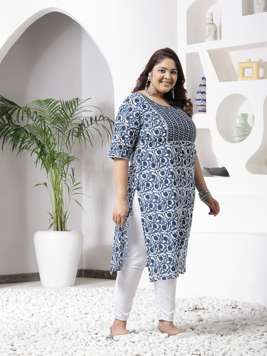 Plus Size Women's Indigo Printed Cotton Slub Straight Kurta (INDIGOBIRDPLUS)