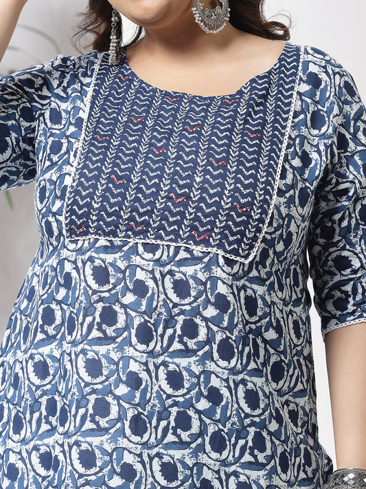Plus Size Women's Indigo Printed Cotton Slub Straight Kurta (INDIGOBIRDPLUS)