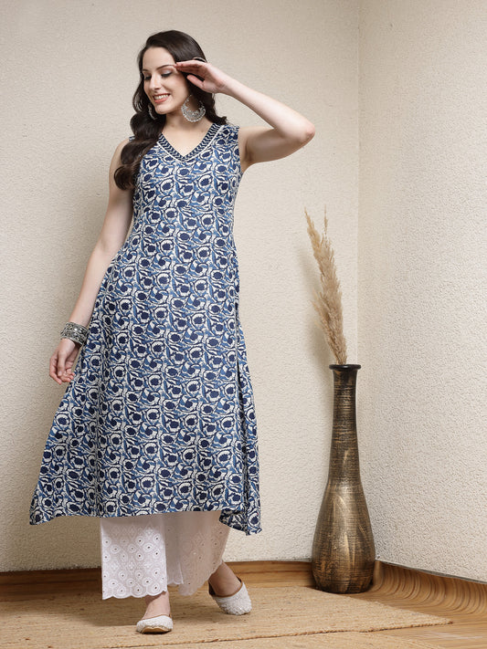 Stylum Women's Floral Printed Cotton Blend A-Line Kurta (INDIGOKYRA)
