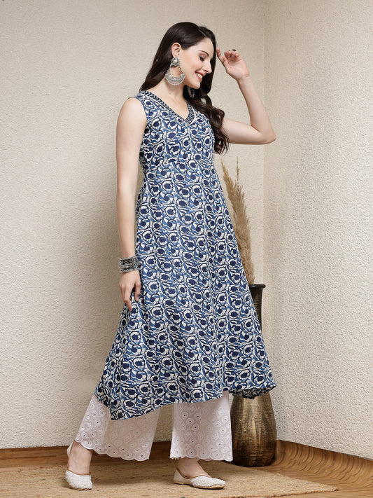 Stylum Women's Floral Printed Cotton Blend A-Line Kurta (INDIGOKYRA)
