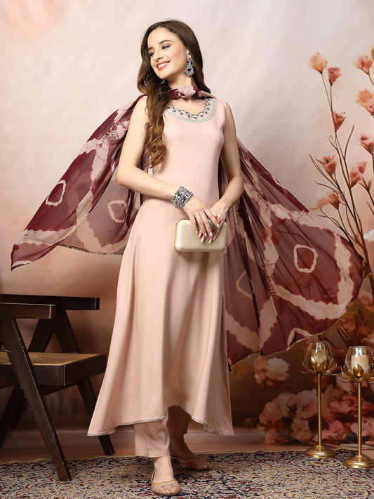 Stylum Women's Rose Gold Solid & Embroidered Rayon A-Line Kurta Dupatta Set (KDBLUSHJACOB)