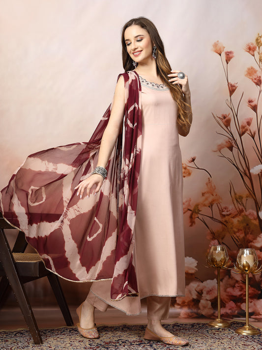 Stylum Women's Rose Gold Solid & Embroidered Rayon A-Line Kurta Dupatta Set (KDBLUSHJACOB)