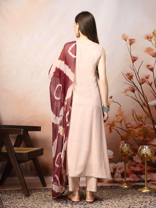 Stylum Women's Rose Gold Solid & Embroidered Rayon A-Line Kurta Dupatta Set (KDBLUSHJACOB)