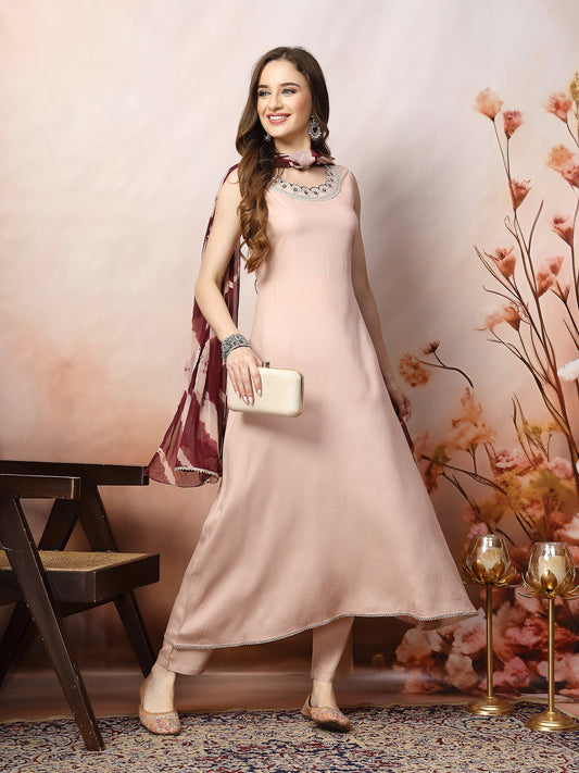 Stylum Women's Rose Gold Solid & Embroidered Rayon A-Line Kurta Dupatta Set (KDBLUSHJACOB)