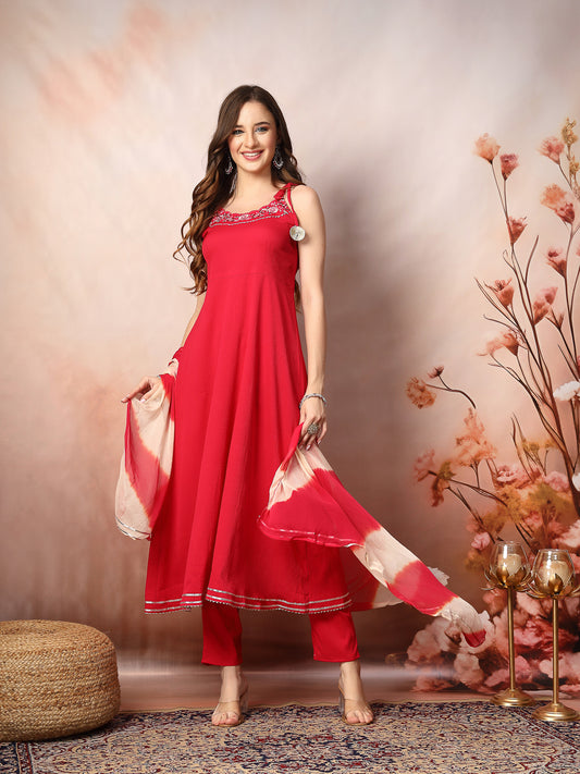 Stylum Women's Pink Solid & Embroidered Poly Crepe A-Line Kurta Dupatta Set (KDRANIHASSAL)
