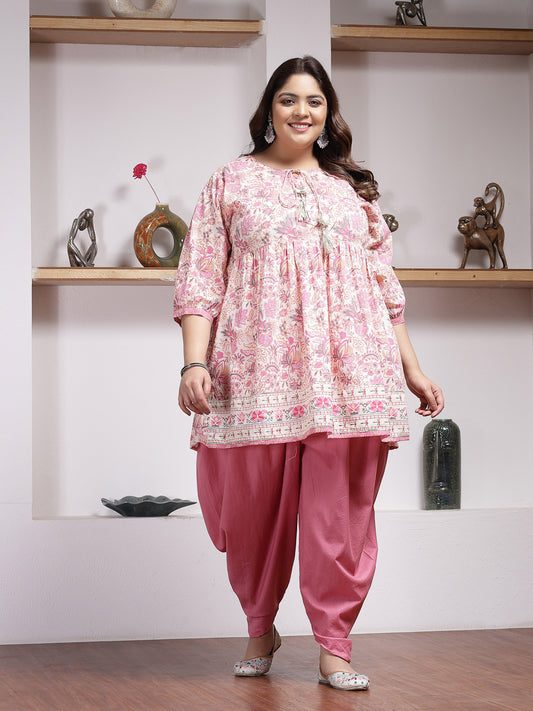 Plus Size Women's Floral Printed Cotton Kurti with Dhoti Pant (KDSMITHPLUS)