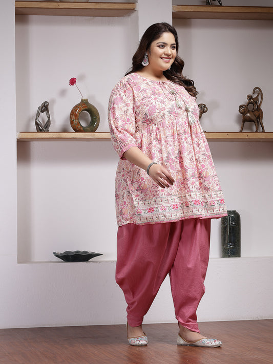 Plus Size Women's Floral Printed Cotton Kurti with Dhoti Pant (KDSMITHPLUS)