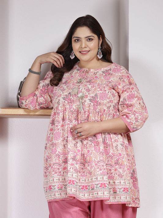 Plus Size Women's Floral Printed Cotton Kurti with Dhoti Pant (KDSMITHPLUS)