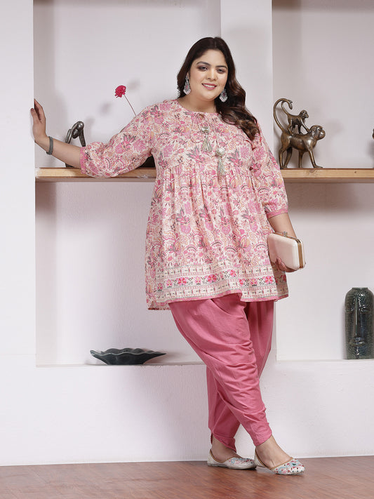 Plus Size Women's Floral Printed Cotton Kurti with Dhoti Pant (KDSMITHPLUS)