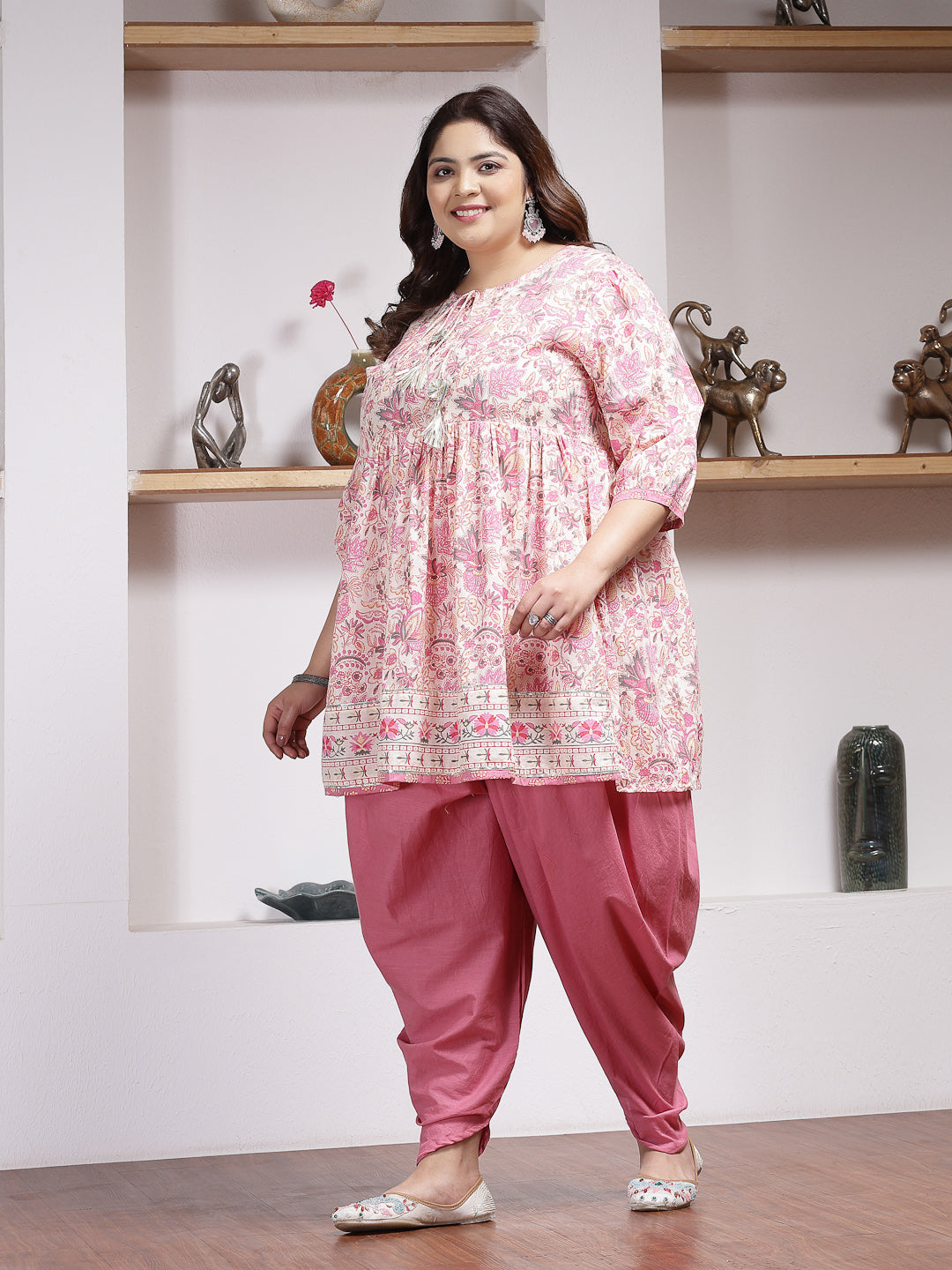 Plus Size Women's Floral Printed Cotton Kurti with Dhoti Pant (KDSMITHPLUS)