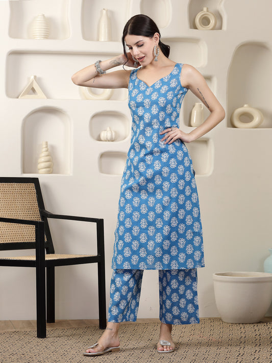 Stylum Women's Indigo Blue Floral Printed Cotton Straight Kurta Pant Set (KPBLUEBAZRA)