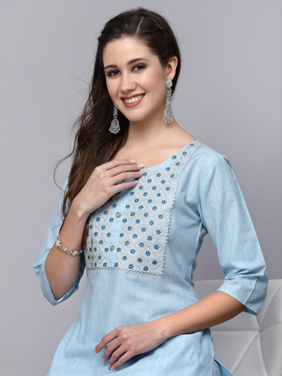 Stylum Women's Woven Design & Embroidered Cotton Blend Straight Kurta Pant Set (KPBRUNOSKY)