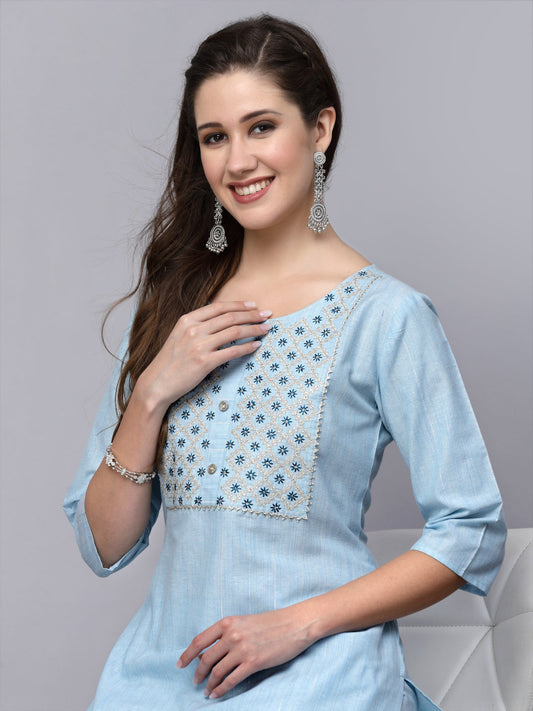 Stylum Women's Woven Design & Embroidered Cotton Blend Straight Kurta Pant Set (KPBRUNOSKY)