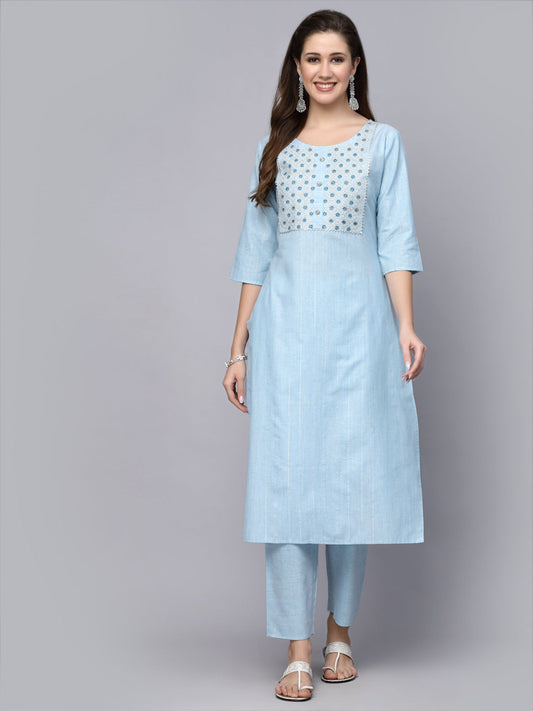 Stylum Women's Woven Design & Embroidered Cotton Blend Straight Kurta Pant Set (KPBRUNOSKY)