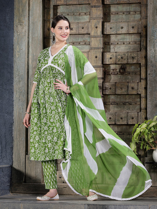 Stylum Women's Floral Printed Cotton Naira Cut Kurta Pant Dupatta Set (KPDALIAGREEN)