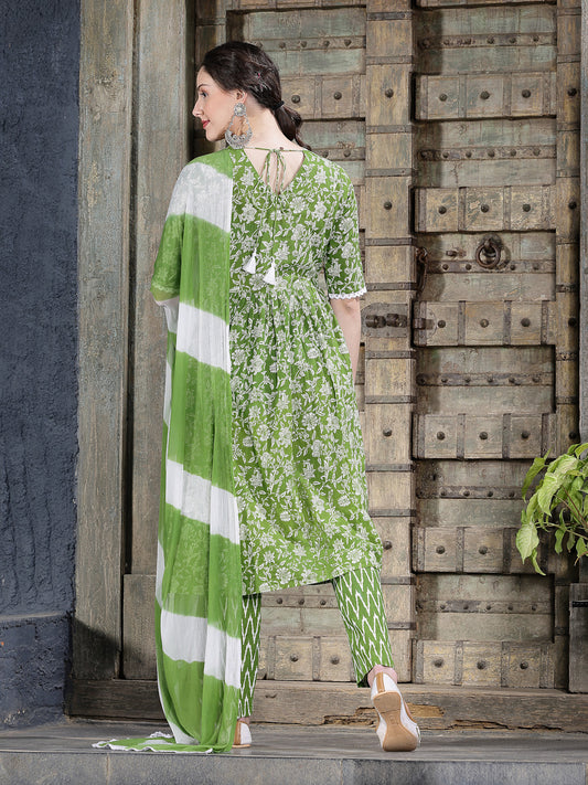 Stylum Women's Floral Printed Cotton Naira Cut Kurta Pant Dupatta Set (KPDALIAGREEN)