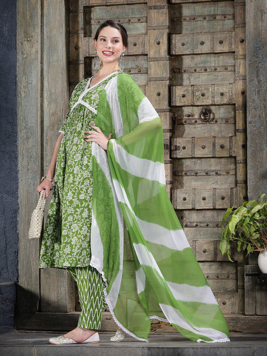 Stylum Women's Floral Printed Cotton Naira Cut Kurta Pant Dupatta Set (KPDALIAGREEN)
