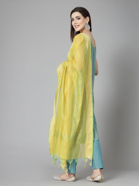 Stylum Women's Woven Designed Cotton Blend Straight Kurta Pant Dupatta Set (KPDAQUATIMMER)