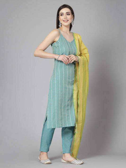 Stylum Women's Woven Designed Cotton Blend Straight Kurta Pant Dupatta Set (KPDAQUATIMMER)
