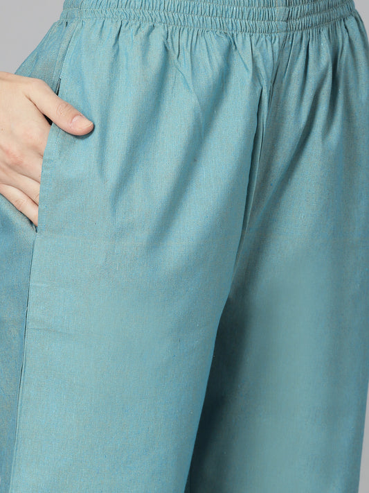Stylum Women's Woven Designed Cotton Blend Straight Kurta Pant Dupatta Set (KPDAQUATIMMER)