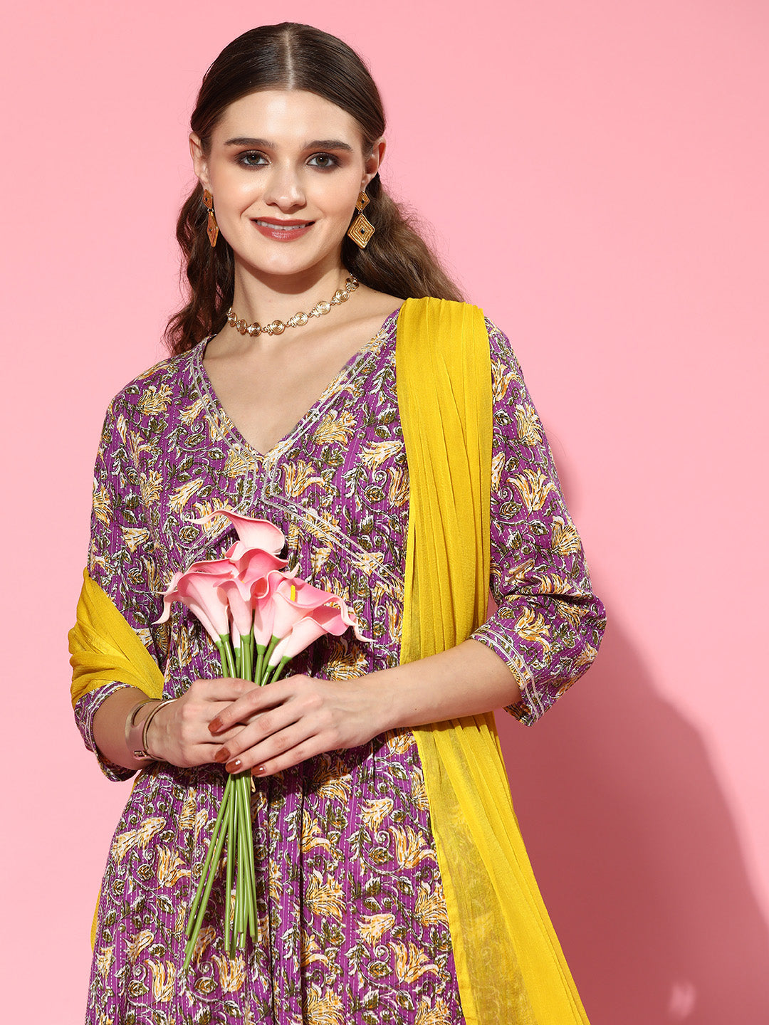 Purple Naira Cut Kurta Pant Dupatta Set