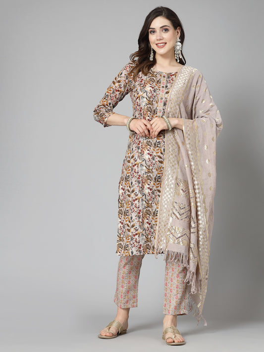 Stylum Women's Floral Printed Cotton Blend Straight Kurta Pant Dupatta Set (KPDBEIGEDANGAL)