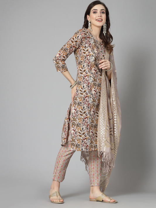 Stylum Women's Floral Printed Cotton Blend Straight Kurta Pant Dupatta Set (KPDBEIGEDANGAL)
