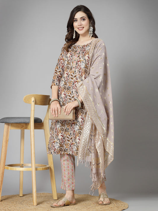 Stylum Women's Floral Printed Cotton Blend Straight Kurta Pant Dupatta Set (KPDBEIGEDANGAL)