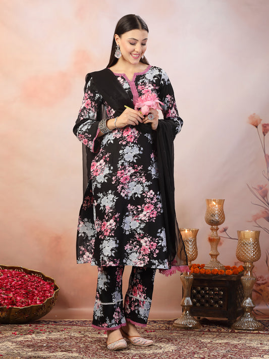 Stylum Women's Black Printed Italian Crush Straight Kurta Pant Dupatta Set (KPDBLACKBUNK)