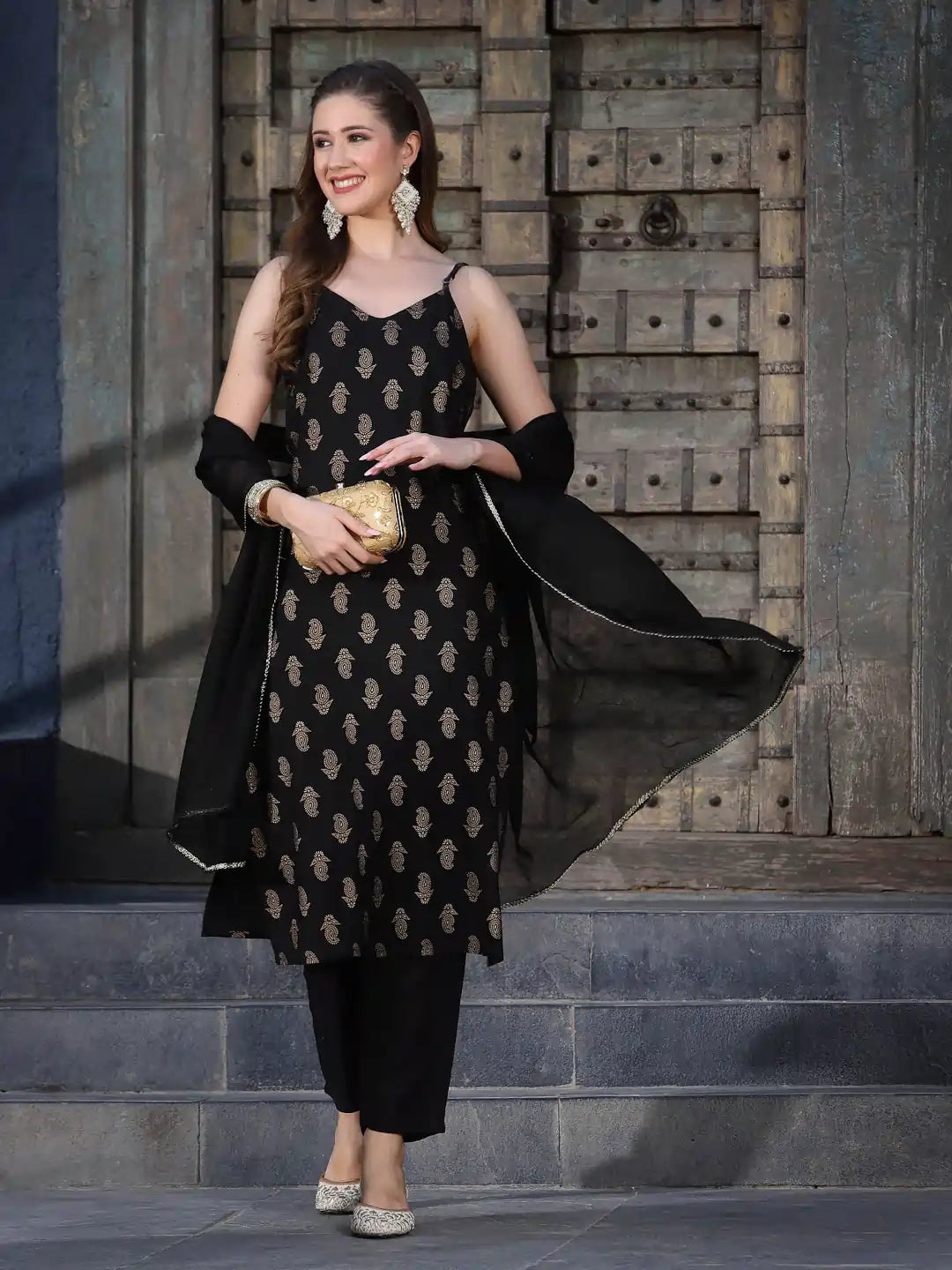 Black Paisley Rayon Kurta Pant and Dupatta Set stylumin