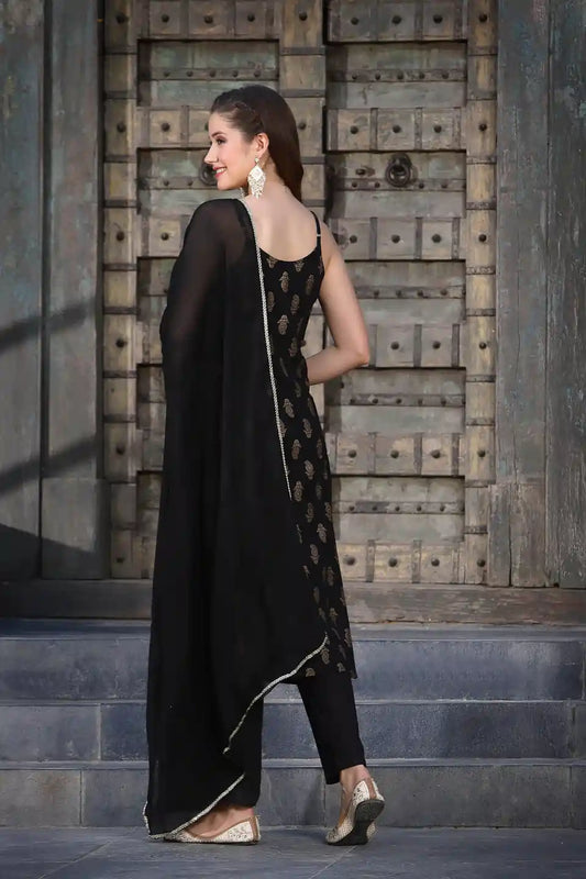 Stylum Women's Black Paisley Rayon Kurta, Pant and Dupatta Set (KPDBLACKJAR)