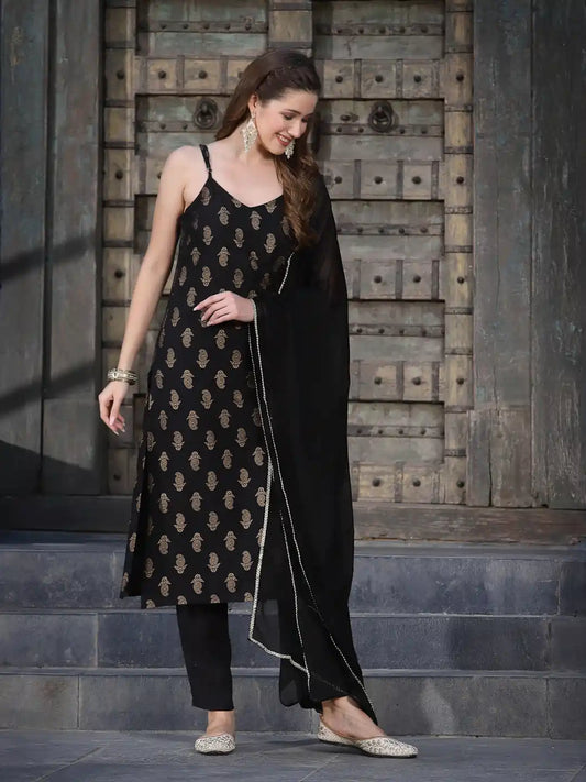 Stylum Women's Black Paisley Rayon Kurta, Pant and Dupatta Set (KPDBLACKJAR)