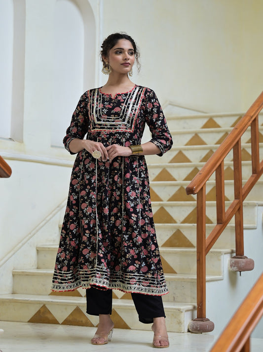 Black Rayon Anarkali Kurta Pant Dupatta Set