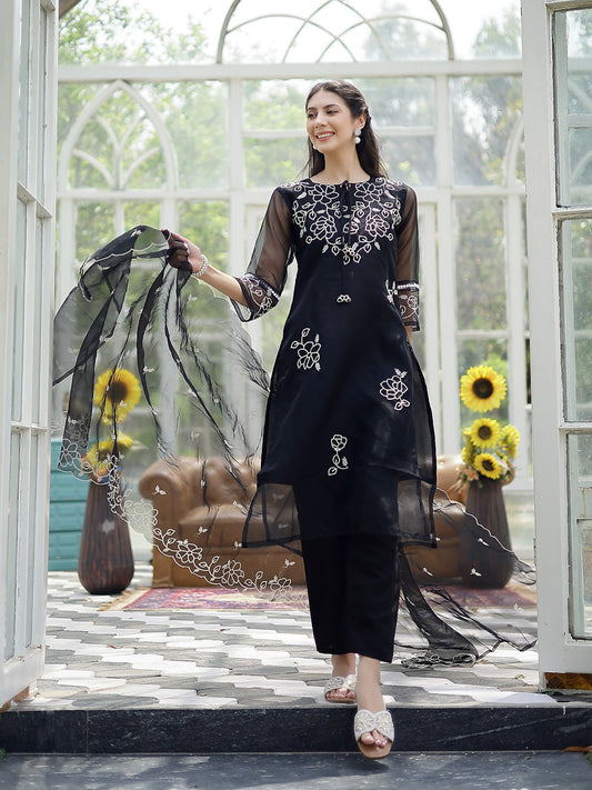 Stylum Women's Black Solid & Embroidered Cotton Straight Kurta Pant Dupatta Set (KPDBLACKPITHORA)