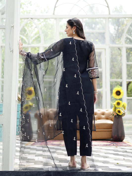 Stylum Women's Black Solid & Embroidered Cotton Straight Kurta Pant Dupatta Set (KPDBLACKPITHORA)
