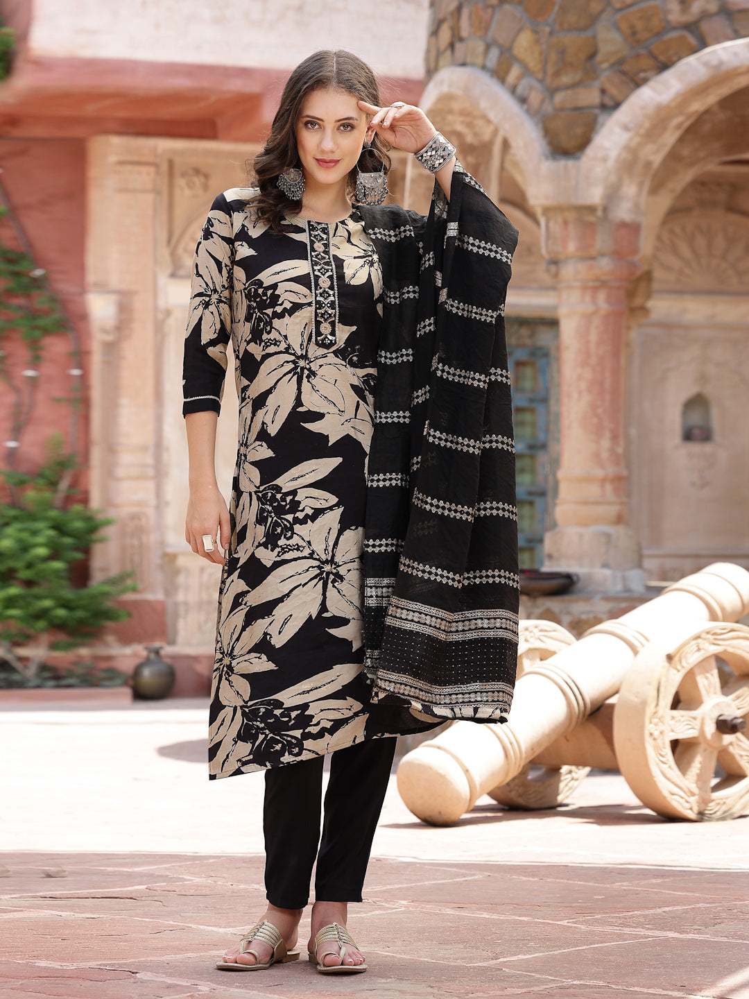 Stylum Women's Black Tropical Printed Muslin Straight Silk Kurta Pant Dupatta Set (KPDBLACKWESTIE)
