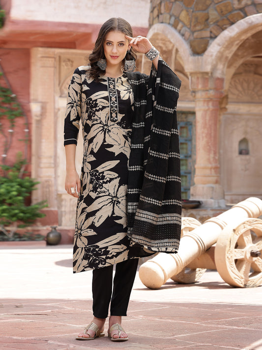 Stylum Women's Black Tropical Printed Muslin Straight Silk Kurta Pant Dupatta Set (KPDBLACKWESTIE)