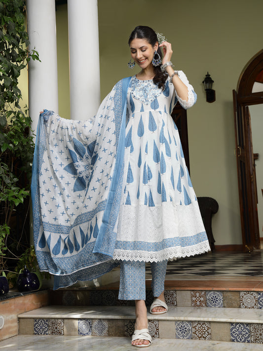 Stylum Women's Blue Ethnic Printed & Embroidered Cotton Anarkali Kurta Pant Dupatta Set (KPDBLUEALORA)