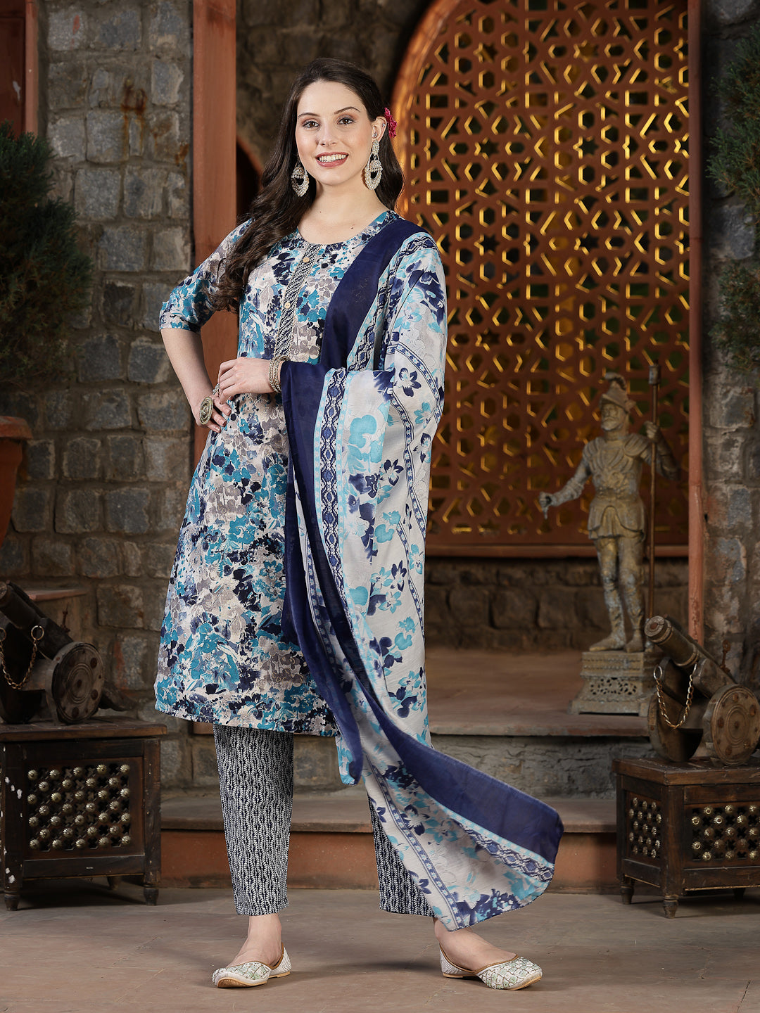 Stylum Women's Floral Printed Cotton Blend Straight Kurta Pant Dupatta Set (KPDBLUEDHOOM)
