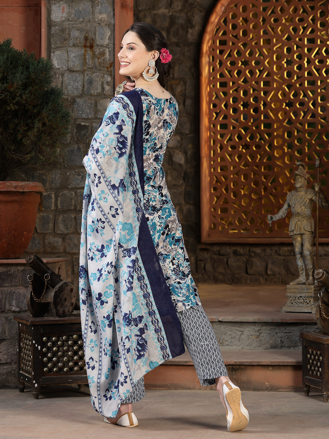 Stylum Women's Floral Printed Cotton Blend Straight Kurta Pant Dupatta Set (KPDBLUEDHOOM)