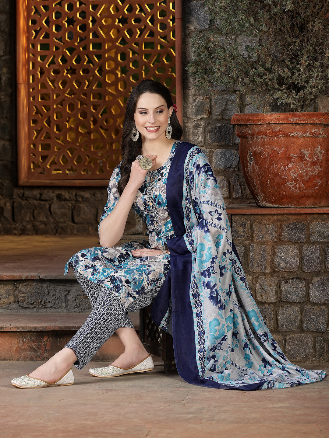Stylum Women's Floral Printed Cotton Blend Straight Kurta Pant Dupatta Set (KPDBLUEDHOOM)